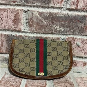 Vintage Gucci Brown Monogram Clutch with Green & Red Web Stripe